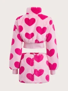SHEIN ICON 愛心圖案落肩袖毛茸茸夾克和半身裙 - 彩色 - 查看 2