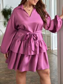 SHEIN LUNE Plus Lantern Sleeve Two Layer Hem Belted Dress - Purple - View 4