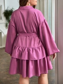 SHEIN LUNE Plus Lantern Sleeve Two Layer Hem Belted Dress - Purple - View 2