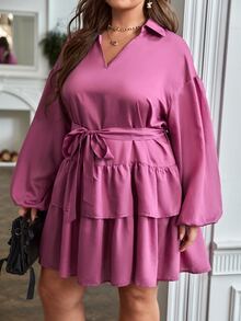 SHEIN LUNE Plus Lantern Sleeve Two Layer Hem Belted Dress - Purple - View 5
