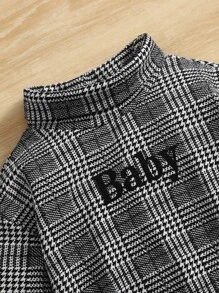 SHEIN 嬰兒字母和千鳥格圖案煙囪領套頭衫 - 黑與白 - 查看 4