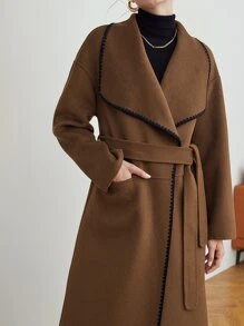 MOTF PREMIUM WOOL-MIX CONTRAST BINDING BELTED OVERCOAT - Chocolate Brown - View 4