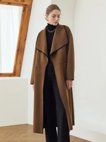 MOTF PREMIUM WOOL-MIX CONTRAST BINDING BELTED OVERCOAT - Chocolate Brown - View 9