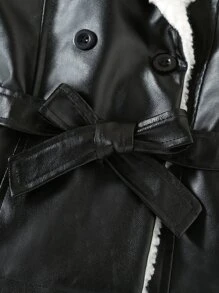 小女童拼接絨毛雙排釦腰帶PU皮革外套 - 黑色 - 查看 4