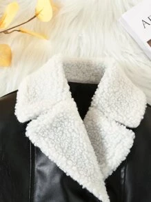 小女童拼接絨毛雙排釦腰帶PU皮革外套 - 黑色 - 查看 3