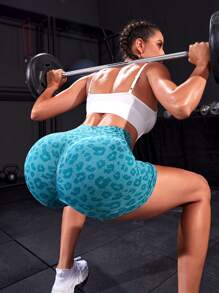 Yoga Trendy Quần Shorts Thể thao Nữ In hoa Báo - Màu xanh lam - Xem 3