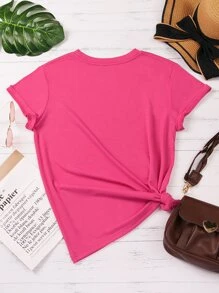 INAWLY Camiseta con estampado de letra y corazón - Rosa Fucsia - Ver 2