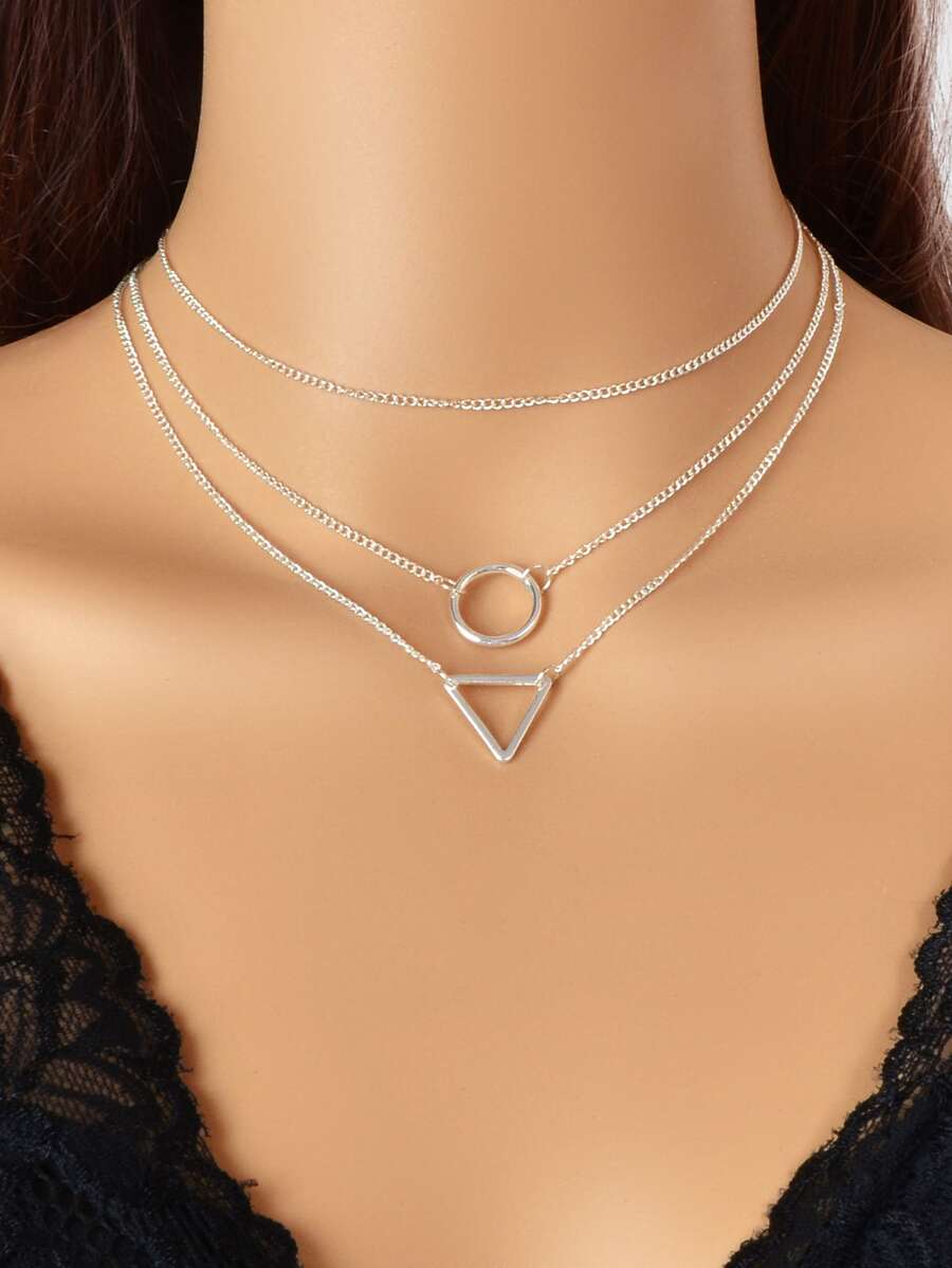 3入組圓形和三角形吊墜項鏈 - 銀色 - 查看 1