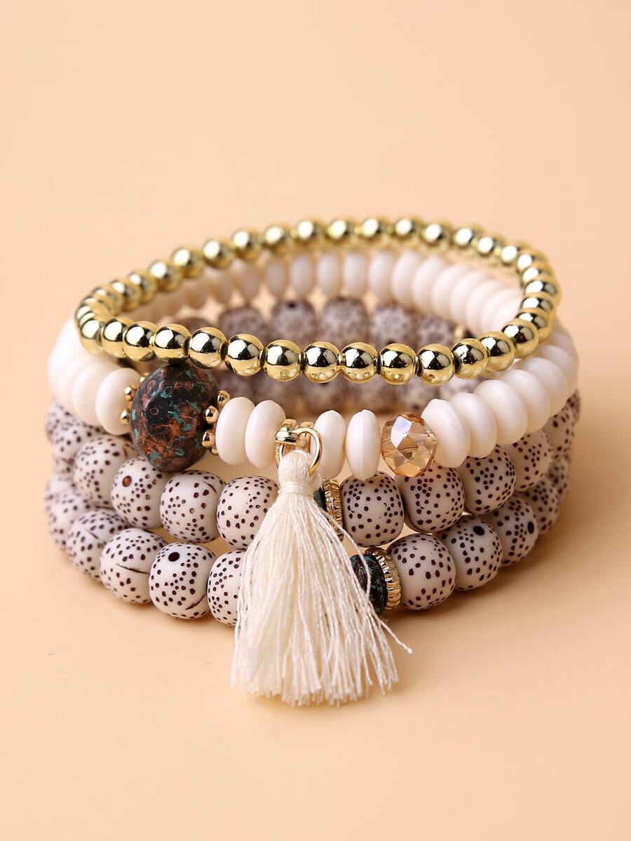 4pcs Tassel Charm Beaded Bracelet - Beige - View 1