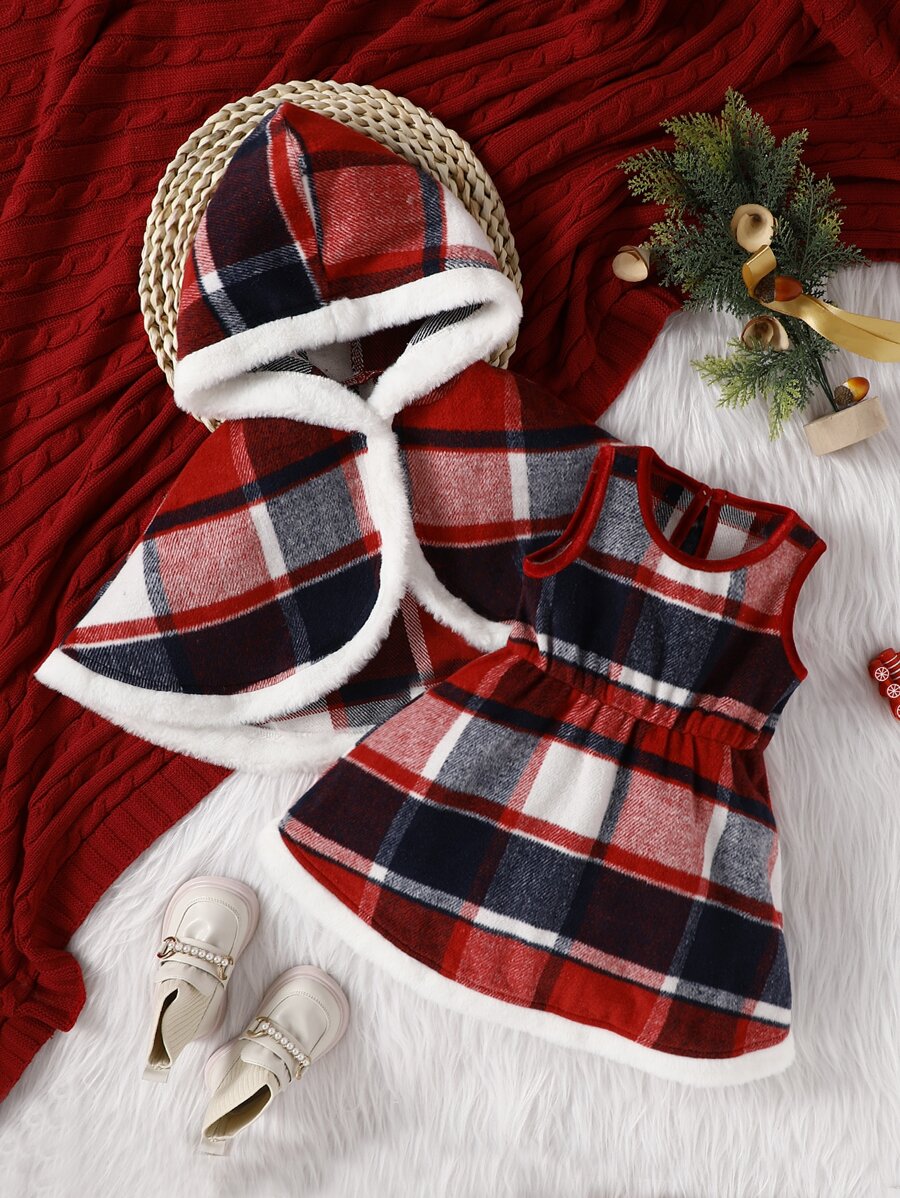 嬰兒格紋拼接毛茸邊連衣裙和連帽斗篷外套 - 紅色 - 查看 1