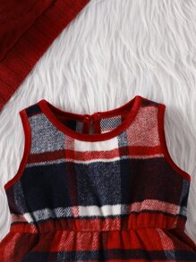 嬰兒格紋拼接毛茸邊連衣裙和連帽斗篷外套 - 紅色 - 查看 5