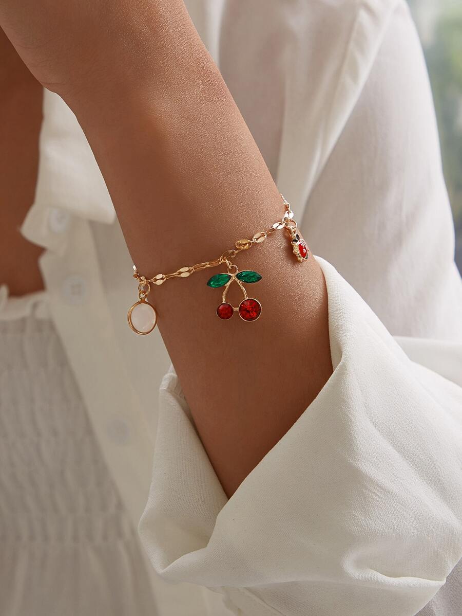 水鑽櫻桃和瓢蟲吊墜手環 - 金黃色 - 查看 1