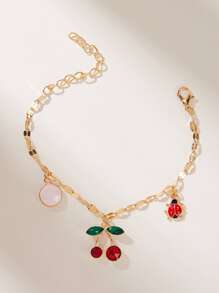 水鑽櫻桃和瓢蟲吊墜手環 - 金黃色 - 查看 2