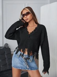 SHEIN ICON Distressed Trim Drop Shoulder Crop Jumper - Black - View 5