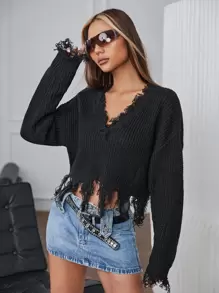 SHEIN ICON Distressed Trim Drop Shoulder Crop Jumper - Black - View 6