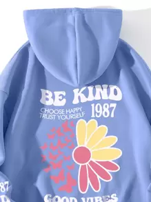 SHEIN Qutie Floral & Slogan Graphic Kangaroo Pocket Drawstring Thermal Hoodie - Blue - View 3