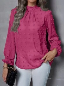 SHEIN LUNE Mock Neck Swiss Dot Lantern Sleeve Blouse - Hot Pink - View 1