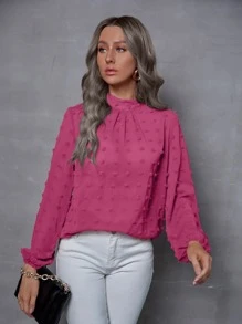 SHEIN LUNE Mock Neck Swiss Dot Lantern Sleeve Blouse - Hot Pink - View 6