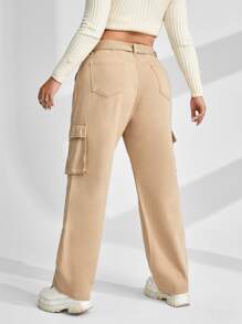 Plus High Waist Flap Pocket Belted Cargo Jeans - Khaki - View 2