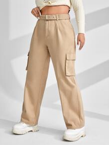 Plus High Waist Flap Pocket Belted Cargo Jeans - Khaki - View 1