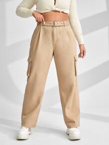 Plus High Waist Flap Pocket Belted Cargo Jeans - Khaki - View 3
