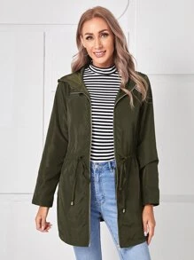 EMERY ROSE Zip Up Drawstring Waist Hooded Coat - Army Green - View 2
