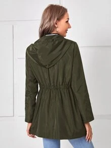 EMERY ROSE Zip Up Drawstring Waist Hooded Coat - Army Green - View 4
