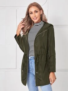 EMERY ROSE Zip Up Drawstring Waist Hooded Coat - Army Green - View 1