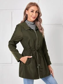EMERY ROSE Zip Up Drawstring Waist Hooded Coat - Army Green - View 3