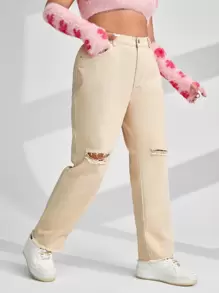 Plus High Waist Ripped Raw Cut Straight Leg Jeans - Apricot - View 1
