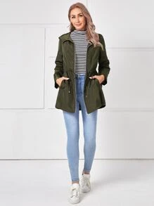 EMERY ROSE Zip Up Drawstring Waist Hooded Coat - Army Green - View 5