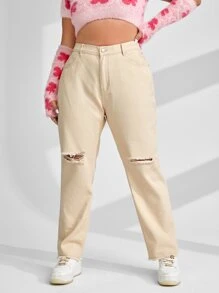 Plus High Waist Ripped Raw Cut Straight Leg Jeans - Apricot - View 3