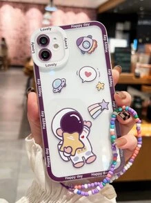 卡通宇航員印花透明手機殼附帶串珠掛繩