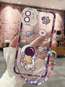 卡通宇航員印花透明手機殼附帶串珠掛繩