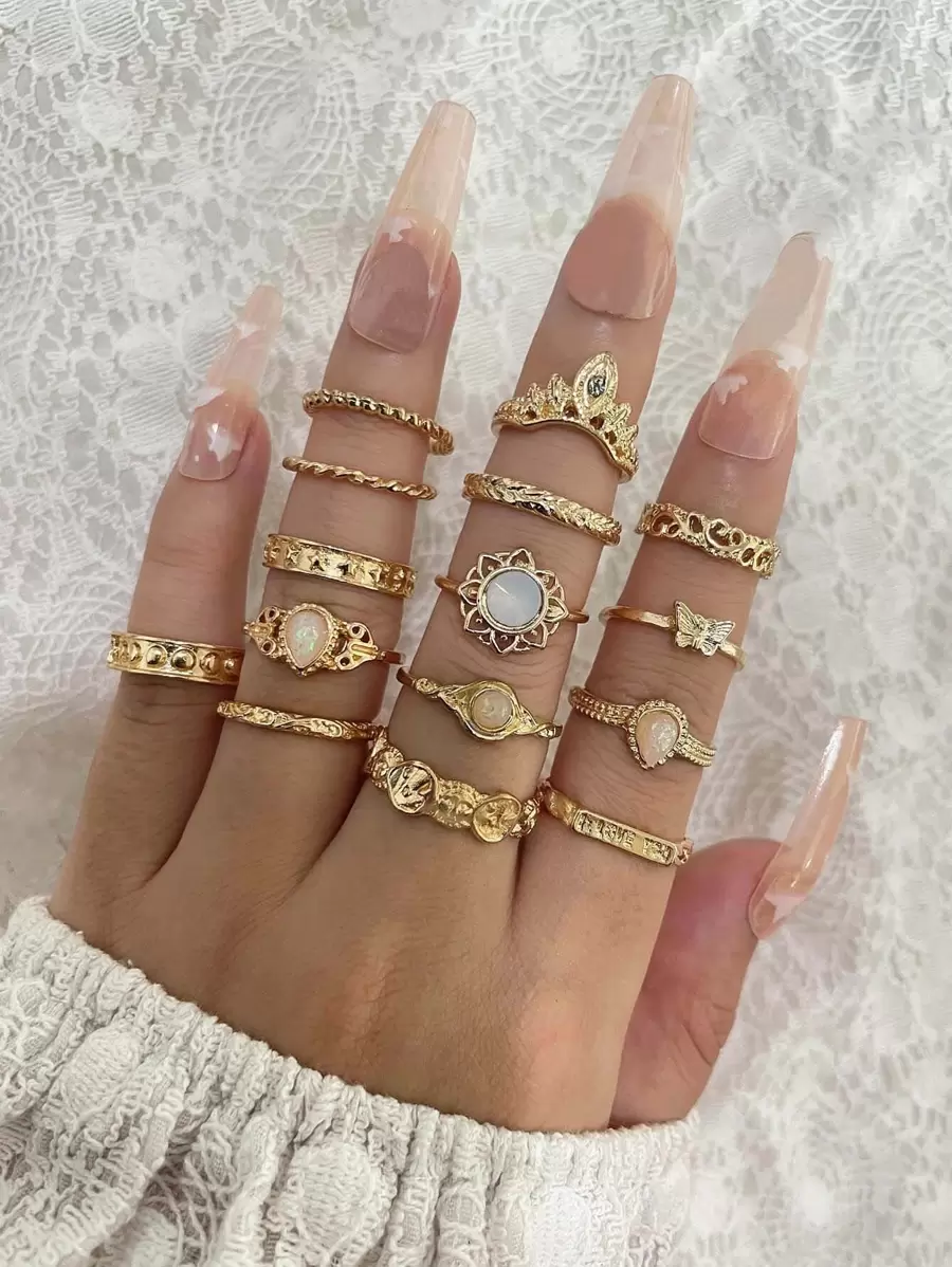 15入組蝴蝶和水滴裝飾戒指 - 金黃色 - 查看 1