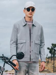 Men Flap Pocket Button Up Jacket - Light Grey - View 3