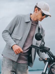 Men Flap Pocket Button Up Jacket - Light Grey - View 4