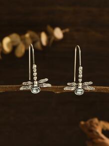 蜻蜓設計耳環女式複古銀色蜻蜓月光石鉤形耳環1對 - 復古銀色 - 查看 1