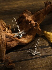 蜻蜓設計耳環女式複古銀色蜻蜓月光石鉤形耳環1對 - 復古銀色 - 查看 2