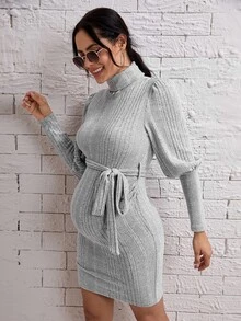 SHEIN 孕婦高領羊腿袖繫腰帶連衣裙 - 淺灰色 - 查看 3