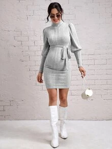 SHEIN 孕婦高領羊腿袖繫腰帶連衣裙 - 淺灰色 - 查看 4