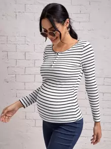 SHEIN Maternity Striped Button Front Tee - White - View 1