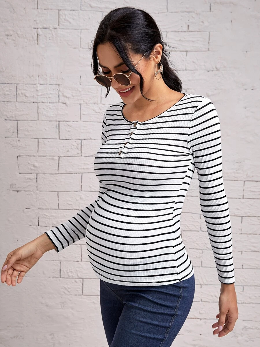 SHEIN Maternity Striped Button Front Tee - White - View 1