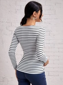 SHEIN Maternity Striped Button Front Tee - White - View 2