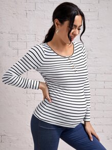 SHEIN Maternity Striped Button Front Tee - White - View 3