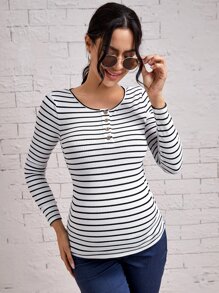 SHEIN Maternity Striped Button Front Tee - White - View 4