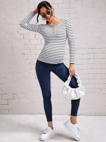 SHEIN Maternity Striped Button Front Tee - White - View 5