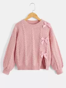 SHEIN Girls Bow Front Drop Shoulder Jumper - Pink - View 1