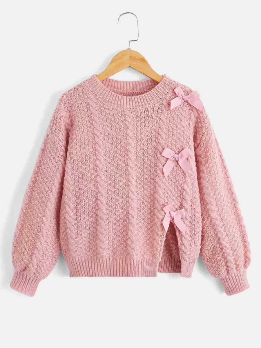 SHEIN Girls Bow Front Drop Shoulder Jumper - Pink - View 1
