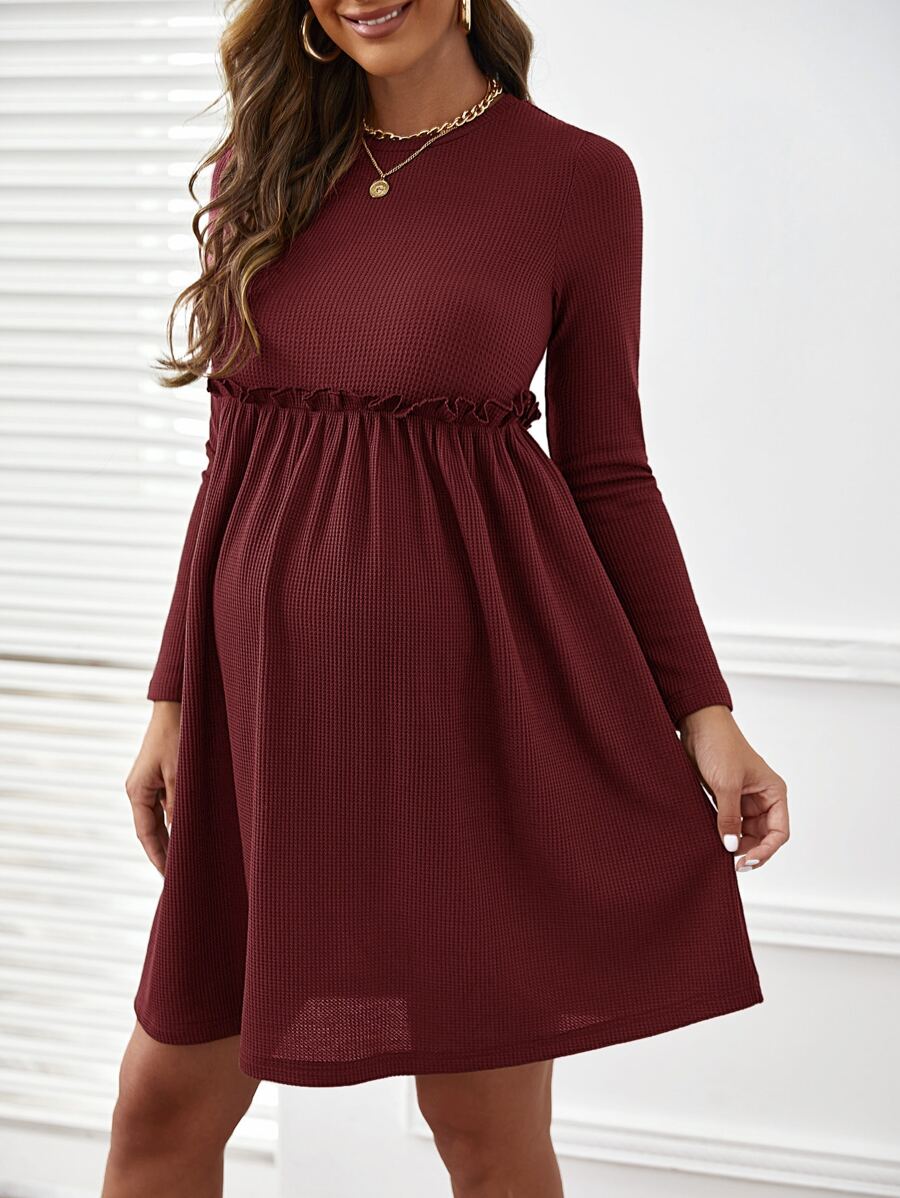 SHEIN Maternity Solid Frill Trim Dress - Maroon - View 1